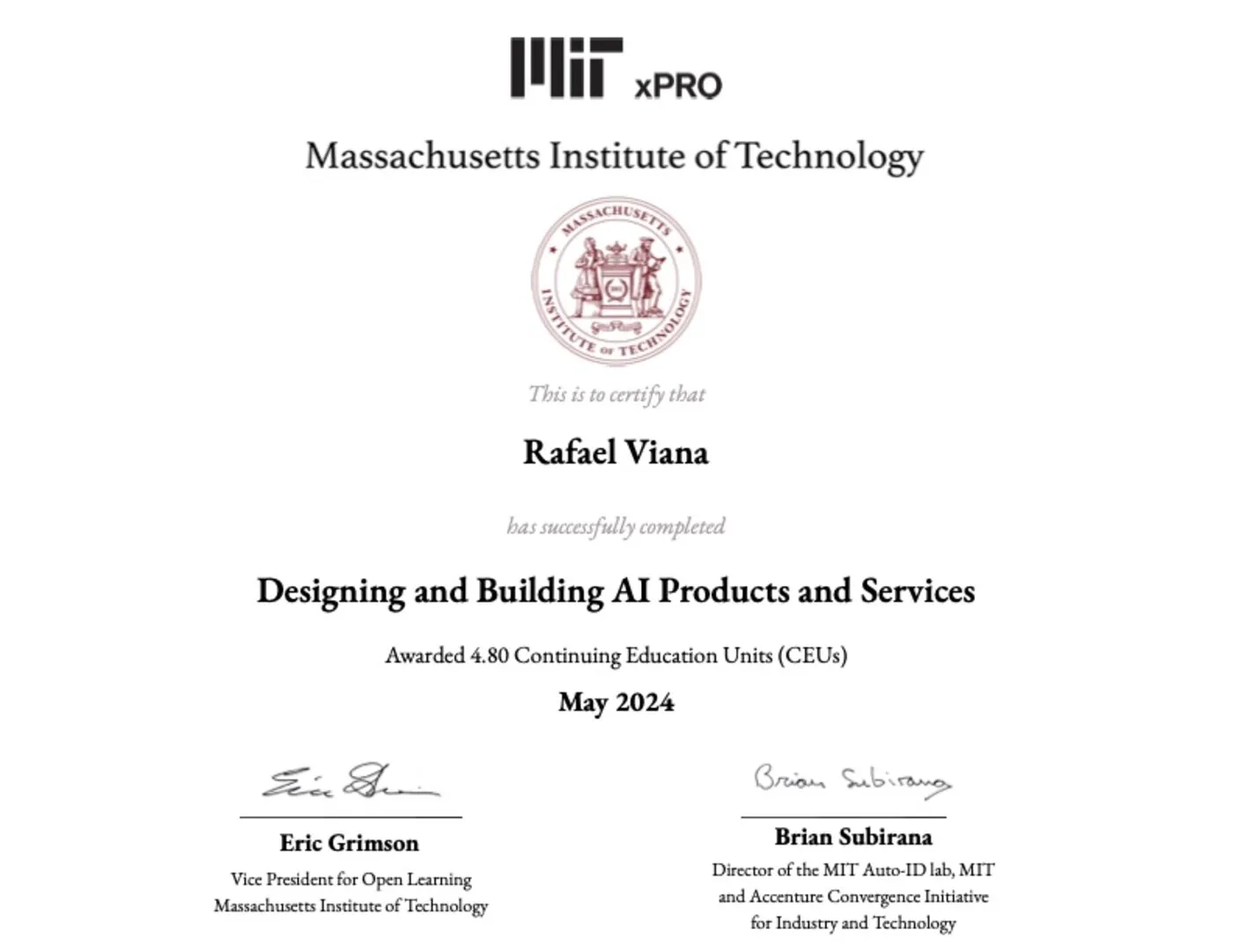 Certificado MIT xPRO de Rafael Viana — Designing and Building AI Products and Services, maio de 2024